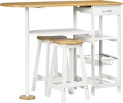 HOMCOM Bárasztal Szett 1 Fiókkal, 2 Polccal, Levehető Kosárral és Borállvány Nappali 119x38.5x88.5 cm Magas Asztallal és 2 db 29x29x55 cm-es Székkel |