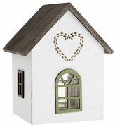 Házikó szívvel fa gyertyatartó üveggel, 15 cm, zöld