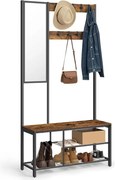 Előszoba fogas polccal, Ruhatartó tükörrel, cipőtartóval és ülőkével, rusztikus barna, 36 x 98 x 185 cm
