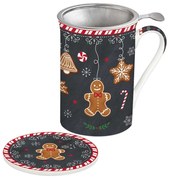 Mézeskalács karácsonyi porcelán bögre tetővel, fém szűrővel díszdobozban, 300 ml - Gingerbread