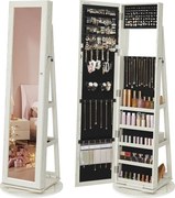 360°-ban forgatható ékszerszekrény, teljes alakos tükörrel, zárható ékszertároló, fehér