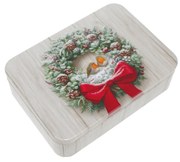 Karácsonyi konyhai fémdoboz vörösbegy madarak koszorúban 142x101x31mm