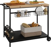 Outsunny Fa Görgős Tálalókocsi 2 Polccal, 2 Fém Kosárral és Boros Üveg Tartókkal Kerthez és Teraszhoz 97,5x65x81 cm Természetes és Fekete | Aosom