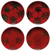 Snowflake 4 db-os piros-fekete agyagkerámia desszertes tányér szett, ø 21,6 cm - Casafina