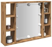 kézműves tölgy szerelt fa tükrös szekrény LED-ekkel 76x15x55 cm