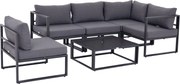 Outsunny 6 részes Kerti Bútor Szett: Patio Fotel Szett Kültéri Bútor Alumínium + Poliészter + Edzett Üveg Szürke, 4 x Szék, 1 x Sarokkanapé, 1 x Kávéz