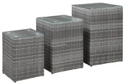 3 db szürke polyrattan kisasztal üveg asztallappal