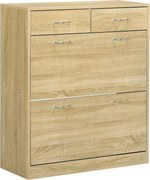 HOMCOM Keskeny Cipőszekrény Cipőtároló Szervező 2 Lehajtható Fiókkal és 2 Kivehető Fiókkal 12 Pár Cipő számára Előszobába 80x30x91,5 cm Tölgy | Aosom