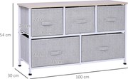 HOMCOM Fiókos Szekrény Tároló 100 x 30 x 54 cm 5 Nem Szőtt Fiókkal Szürke Acél Váz Fehér Világos Fa | Aosom