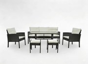 „VADUZ” RATTAN BÚTOR SZETT (KANAPÉ + 2 FOTEL + 2 PUFF + ASZTAL) FEKETE, KRÉMSZÍNŰ PÁRNÁKKAL