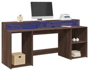 barna tölgy színű szerelt fa íróasztal LED-ekkel 200x55x91 cm
