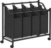 Szennyeskosár görgőkkel 4 x 35l, 4 kivehető táskával, fekete