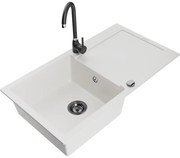 Mexen Leo, gránit mosogató 900x500x190 mm, 1 kamrás és fekete Telma csaptelep, fehér, 6501-20-670200-70