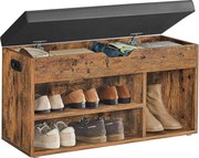 Cipőpad párnázott ülőfelülettel, 3 nyitott rekesszel és rejtett tárolóhellyel, 80 x 30 x 44 cm, 150 kg teherbírással, rusztikus barna