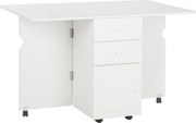 HOMCOM Összecsukható Étkezőasztal Kihúzható Konyhaasztallal Összecsukható Szárnyakkal 6 Kerekekkel és 2 Tároló Fiókkal Modern Stílus 120x80x75 cm Fehé