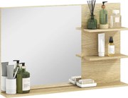 Kleankin Modern Fürdőszobai Tükör 2 Oldalsó Polccal és Alsó Polccal, Fali Tükör MDF-ből és Üvegből, 75x10x48 cm, Fa szín | Aosom