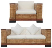 2 részes barna természetes rattan kanapészett párnákkal