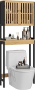 Kleankin WC fölé akasztható fürdőszobai szekrény 2 ajtós szekrénnyel és nyitott polccal 60L x 21.5W x 172H cm bambusz - Természetes fa és fekete | Aos