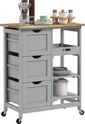 HOMCOM Konyhai Kocsi Kerekekkel Fából készült Felülettel, 3 Fiókos, 2 Nyitott Polcos, Eltávolítható Tálcás a Nappaliba, Étkezőbe - 67x37x85.5 cm | Aos