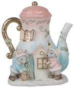 LED-es kékes rózsaszín teáskanna egerekkel karácsonyi dekoráció