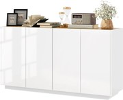 HOMCOM Étkezőbuffet, Konyhai Buffet, 4 Lágyan Záródó Ajtóval és Állítható Polcokkal, 140 x 40 x 75 cm, Fényes Fehér | Aosom