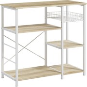 HOMCOM Modern Konyhai Polc 1 Kosárral, 4 S-alakú Akasztóval, 6 Állítható Talppal és Polccal 90x40x84.5 cm Tölgy és Fehér | Aosom
