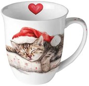 Karácsonyi porcelán bögre mikulás sapkás cica