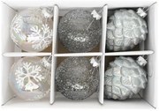Karácsonyi üveg gömb dísz toboz glitter dekorral 8 cm 6 db szett ezüst