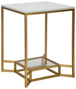 Négyzet alakú arany színű dohányzóasztal fehér márvány lappal és üvegpolccal