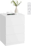 Éjjeliszekrény, oldalasztal 3 fiókkal, 2 ac aljzattal és 2 usb porttal, fehér