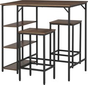 HOMCOM Bárasztal Szett Magas Asztallal 2 Bárszékkel 3 Részes Étkezőcsoport Konyhai Pult Polcokkal Chipboard Acél Rusztikus Barna + Fekete 109 x 60 x 1