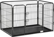 PawHut Téglalap alakú Kiskedvenc Játékkerítés 4 Paneleből Készült Acél 109x74x71 cm-es Dupla Zárral Ellátott Ajtóval és Kivehető Tálcával Kültéri és B