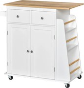 HOMCOM Konyhai Kocsi Kerekekkel, Szolgáló Trolley 2 Fiókkal, Tárolószekrénnyel, Állítható Belső Polccal, 3 Fűszerrel és Akasztóval 89x45x89.5 cm Fehér
