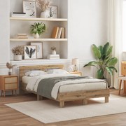 Ágykeret LED -es lámpákkal kézműves tölgy 120 x 190 cm Faanyag