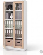 Fém szekrény vitrinnel, fehér, sonoma tölgy, 900x1850x400 mm: AMELIA Eco Design