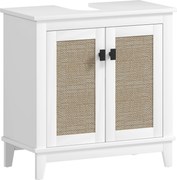 HOMCOM Mosdó Szekrény Pedestál Állvánnyal 2 PE Rattán Ajtóval 2 Polccal és Felborulásgátló Rendszerrel 60x30x60 cm Fehér | Aosom