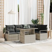 6 Részes Kertibútor Párnákkal Világosszürke Poli Rattan, 2 Személyes Kertibútor Tárolóval és Párnákkal Szürke Poli Rattan