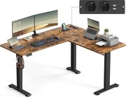Elektromos L-alakú íróasztal, 140 x 160 cm, beépített töltőállomással rusztikus barna és fekete