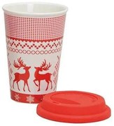 Skandináv rénszarvas mintás karácsonyi porcelán utazóbögre szilikon tetővel
