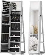 HOMCOM Álló Ékszertükrös Ékszertartó 360°-ban Forgó Ékszerláda Zárral, Hátoldali Polcokkal és Beépített Kis Tükrökkel 38x38x160 cm Fehér Mottós | Aoso
