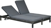Outsunny Poly Rattan Kétfős Napozóágy - Luxuskategóriás Kert Napozóágy 5-Fokozatú Támlával - Fémből készült PE Rattan Szürke 196 x 120 x 28 cm | Aosom