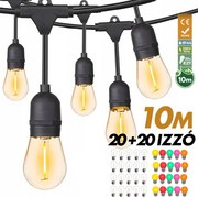 Kültéri fényfüzér kerti égősor girland 10m + 20db színes parti izzó | Sorolható IP44 E27