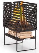 Blumfeldt Krakatoa, tűzrakóhely, tömör acél, fa tárolórekesz, lézer-vágott design