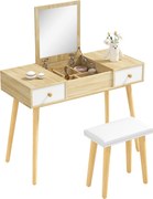 HOMCOM Smink Tükörrel Ellátott Képzőasztal Párnázott Székkel, 100x45x118 cm Természetes Szín | Aosom