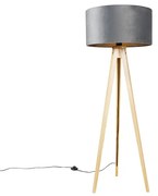 Állólámpa fa talppal, szürke szövetbúrával 50 cm - Tripod Classic