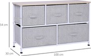 HOMCOM Fiókos Szekrény Tároló 100 x 30 x 54 cm 5 Nem Szőtt Fiókkal Szürke Acél Váz Fehér Világos Fa | Aosom