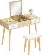 HOMCOM Smink Tükörrel Ellátott Képzőasztal Párnázott Székkel, 100x45x118 cm Természetes Szín | Aosom