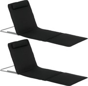 Outsunny 2 darabos Összecsukható Tengerparti Matrac 5 fokozatú Háttámlával és Fejpárnával, Hordtáskával 134x48x33-43 cm Fekete | Aosom