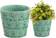 Kerámia virágtartó, zöld díszes 14 x 13 cm