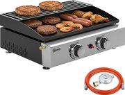 Outsunny hordozható asztali gázgrill, 5 kW, 2 égő, kerámia bevonatú sütőlappal, melegentartó rácsal, kivehető zsírtálcával, rozsdamentes acél — Piknik
